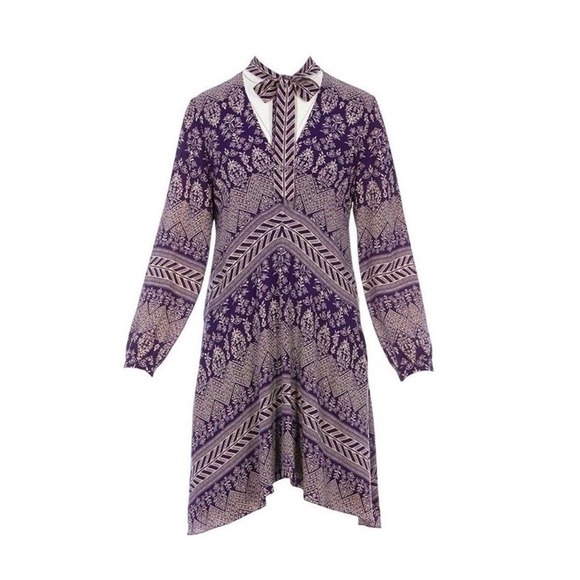 Tory Burch Dresses & Skirts - Tory‎ Burch Bourdelle Graphic Floral 100% Silk Dress Purple Silk Tie Neck Sz 10
